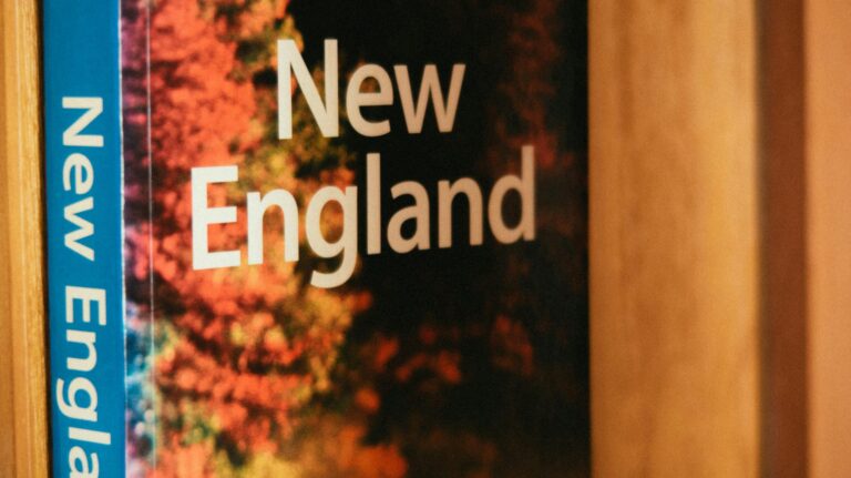 A vibrant New England book with colorful cover displayed on a wooden shelf.